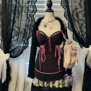🎀 COQUETTE Y2K LACE RIBBON HOT PINK BABYDOLL CORSET LINGERIE TOP